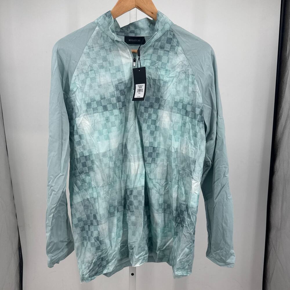 Bugatchi OoohCotton Print Quarter-Zip Pullover Top Mens L Seafoam Green Athletic